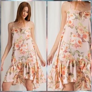 Easel floral print slip dress light pink with ruffle hem Large NWT